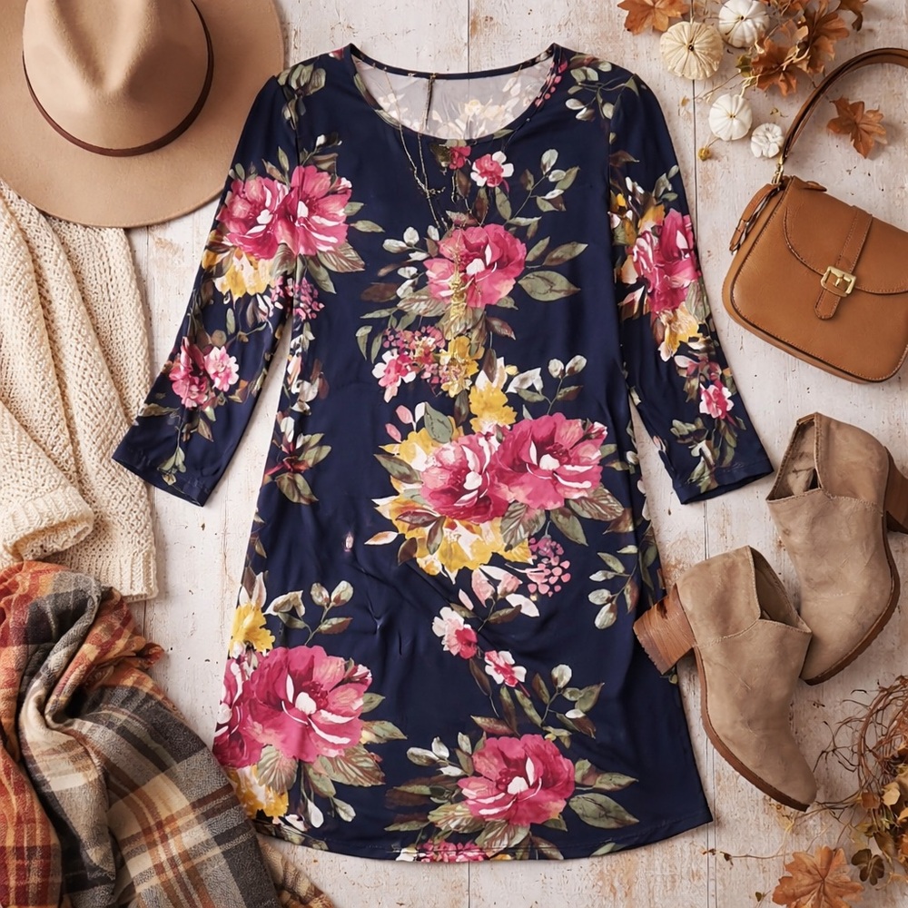 Sweet Lovely by Jen Floral Shift Dress 1XL Navy Pink Rose 3/4 Sleeve Dress